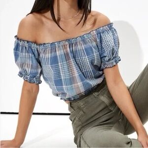 AMERICAN EAGLE WOMEN BLUE PLAID OFF-THE-SHOULDER PUFF-SLEEVE TOP